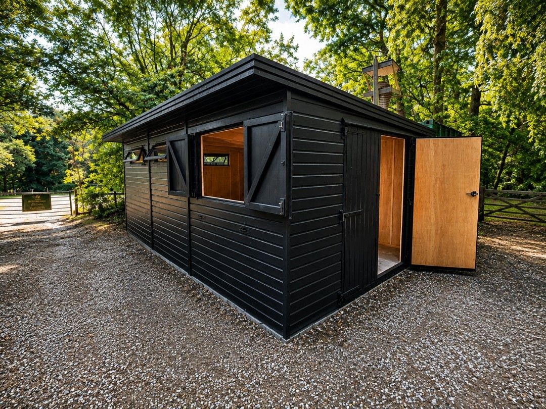 Black contemporary garden building with open wooden door