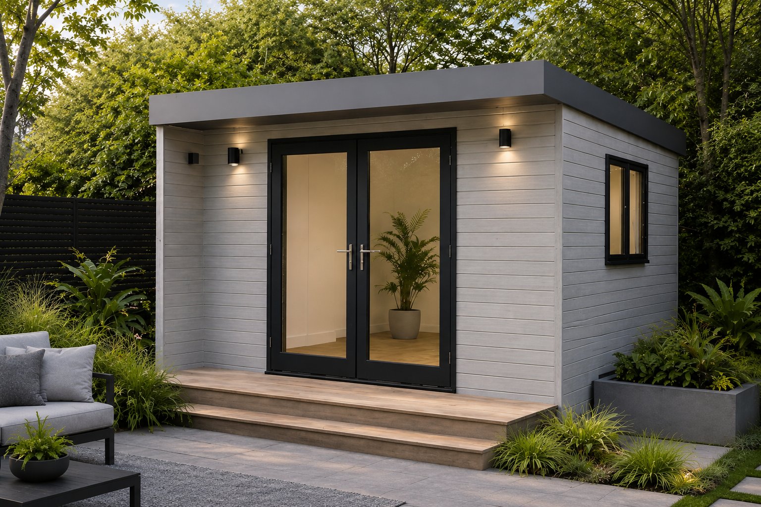Modern pale grey flat-roof garden studio with lit interior