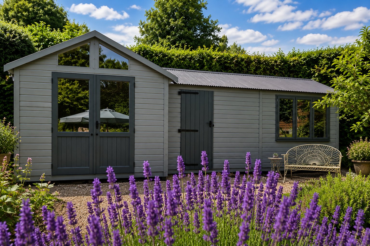 Traditional style garden studio with a lavender border
