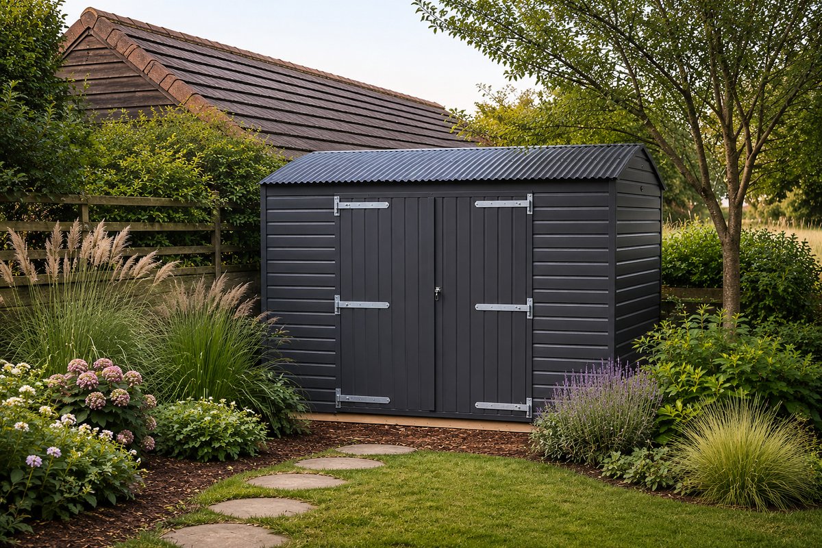 Dark grey shepherd-style storage building in a garden
