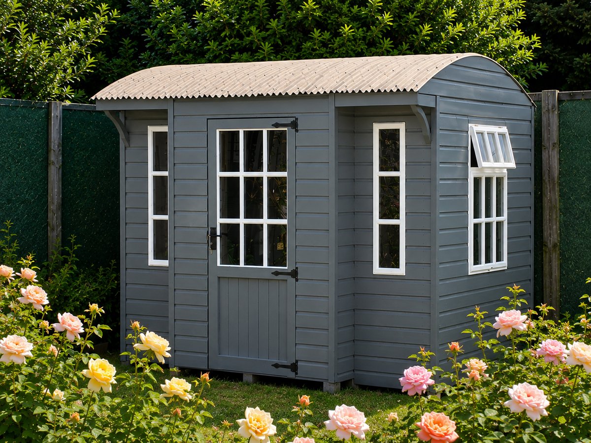 Shepherd style garden room with roses in the foreground