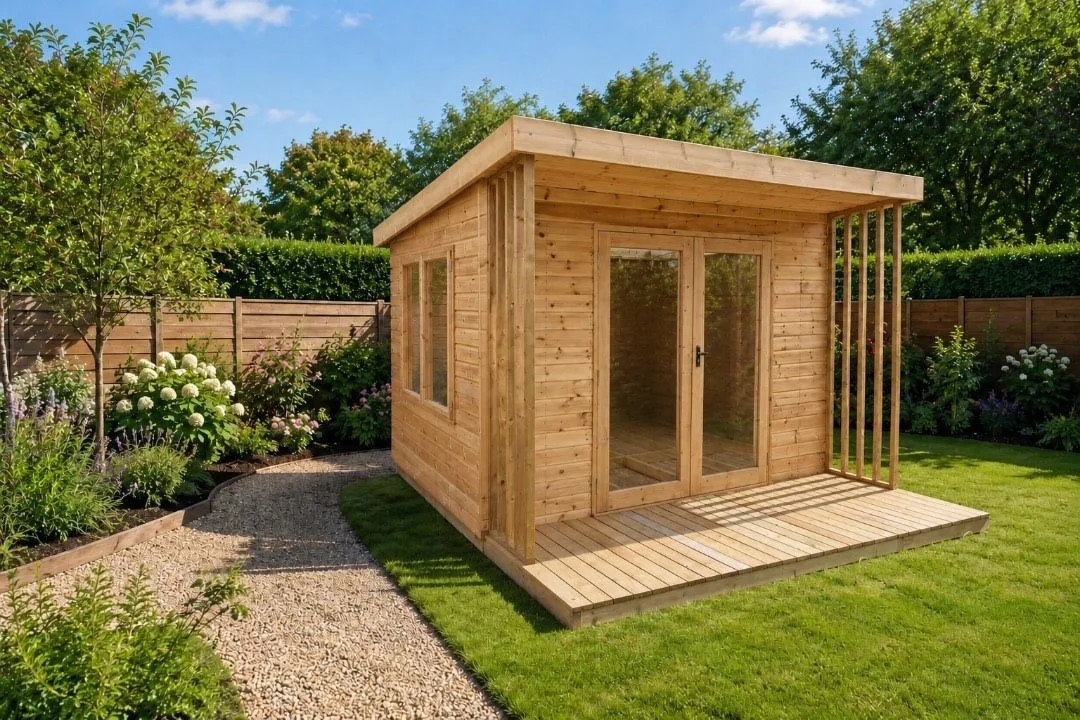 Flat Roof Studio with Deck & Canopy — 8ft x 10ft